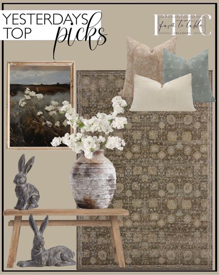 Yesterday’s Top Picks. Follow @farmtotablecreations on Instagram for more inspiration.

Magnolia Home by Joanna Gaines x Loloi Mona - MOA-03 Area Rug. Milani Solid Wood Bench. Moody Landscape Print | Vintage PRINTABLE Art | Wildflower Painting. Essex Handcrafted Bunny Sculptures. PILLOW COMBO || Set Of Three Designer Pillow Covers, Tan Linen Floral, Blue Gray Dot Linen Pillow, Cream Striped Lumbar Pillow. Artisan Handcrafted Terracotta Vases. 40" FAUX CHERRY BLOSSOM BRANCH STEM CREAM. 

#LTKfindsunder50 #LTKhome #LTKsalealert