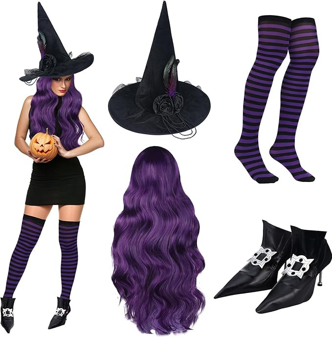 4 Pcs Halloween Witch Costumes Set Black Pointed Witch Hat Dark Purple Long Curly Wig Nylon Strip... | Amazon (US)