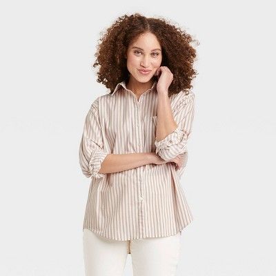 Women&#39;s Long Sleeve Button-Down Boyfriend Shirt - A New Day&#8482; Cream Striped L | Target