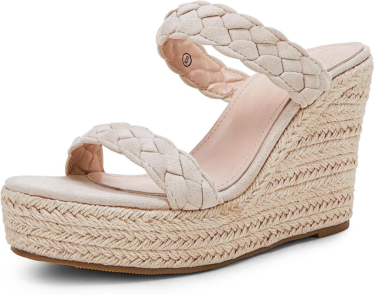 Womens Wedge Platform Sandals Espadrilles Two Strap Woven Slip On Summer Cute Slide Sandals | Amazon (US)