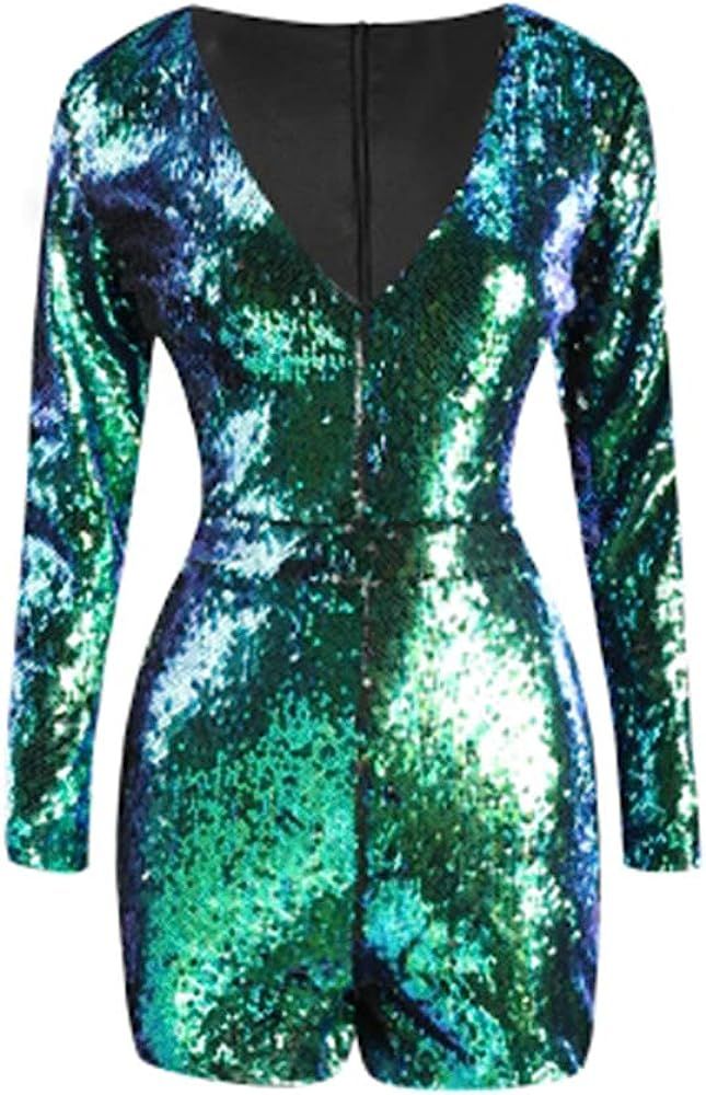 HaoDuoYi Womens Mardi Gras's Sparkly Sequin V Neck Party Clubwear Romper Jumpsuit | Amazon (US)
