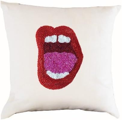 Amore Beaute Handcrafted Square Decorative Throw Pillow Cover in White Linen - Embroidered Pop Ar... | Amazon (US)