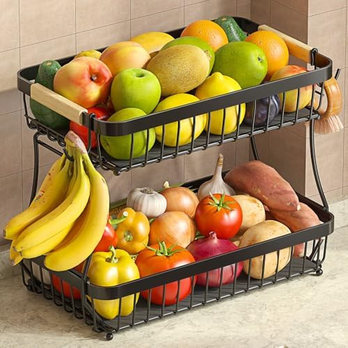 2 Tier Large Fruit Basket for Kitchen Counter with 2 Mobile Banana Hangers, 2025 Pro Detachable M... | Amazon (US)