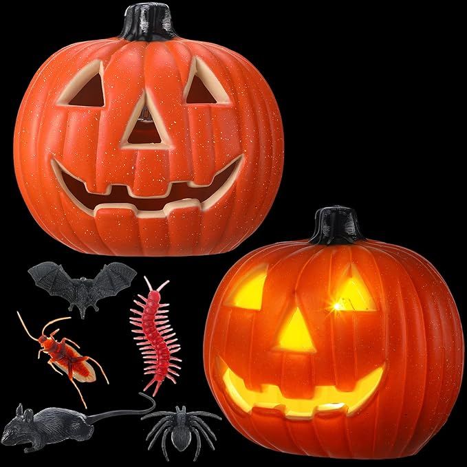 2 Pack Plastic Jack O Lantern Pumpkins Halloween Light up Pumpkin with 2 Pack Plastic Bugs Fake R... | Amazon (US)