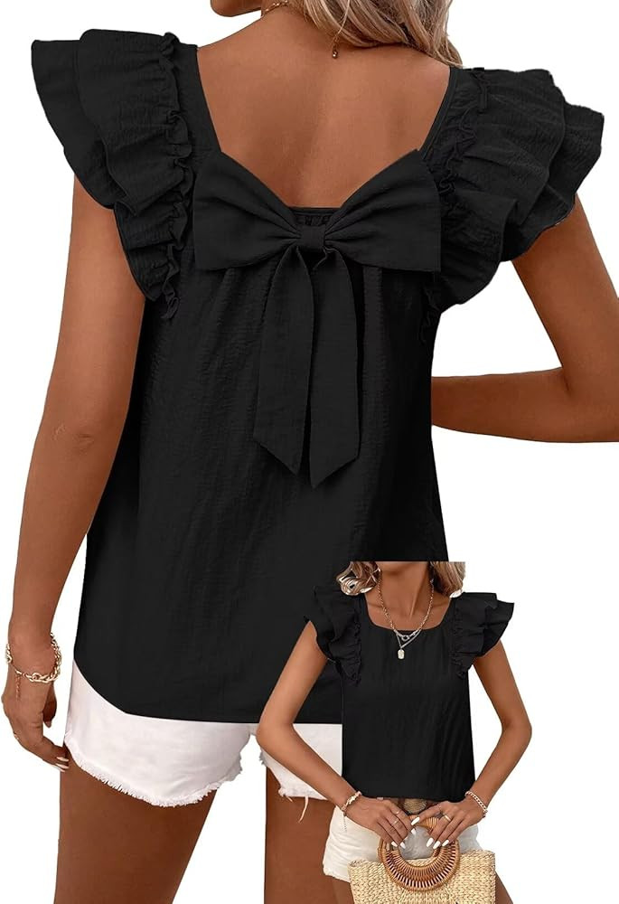 Womens Bow Tie Back Tops Round Neck Ruffle Short Sleeve Shirts Cute Babydoll Chiffon Tee Women Su... | Amazon (US)