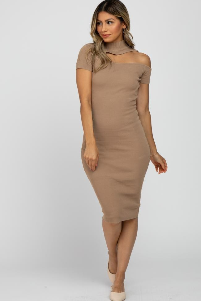 Taupe Mock Neck Cutout Fitted Dress | PinkBlush Maternity