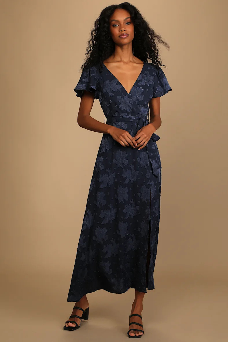 Compelling Love Navy Blue Jacquard Short Sleeve Maxi Dress | Lulus (US)