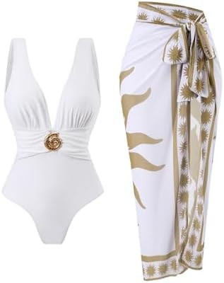 SherryDC One Piece Swimsuit with Cover up Wrap Skirt Sarong Floral Print Plunge V Neck Bathing Su... | Amazon (US)