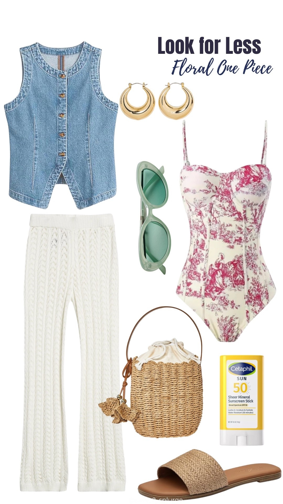 And if you like the look, but not the price, here’s this week’s look for less.

Red Floral One Piece Swimsuit: Walmart
Raffia Flat Sandals & Denim Vest Sleeveless Buttondown Top: Amazon
White Knit Coverup Pants: EDIKTED
Thick Metal Hoop Earrings & Drawstring Bucket Handbag: Target
Sheer Mineral Face Sunscreen Stick: Cetaphil
Oval Sunglasses: Free People (Mae Sunglasses color: mint)

#LTKootd #LTKSeasonal #LTKTravel