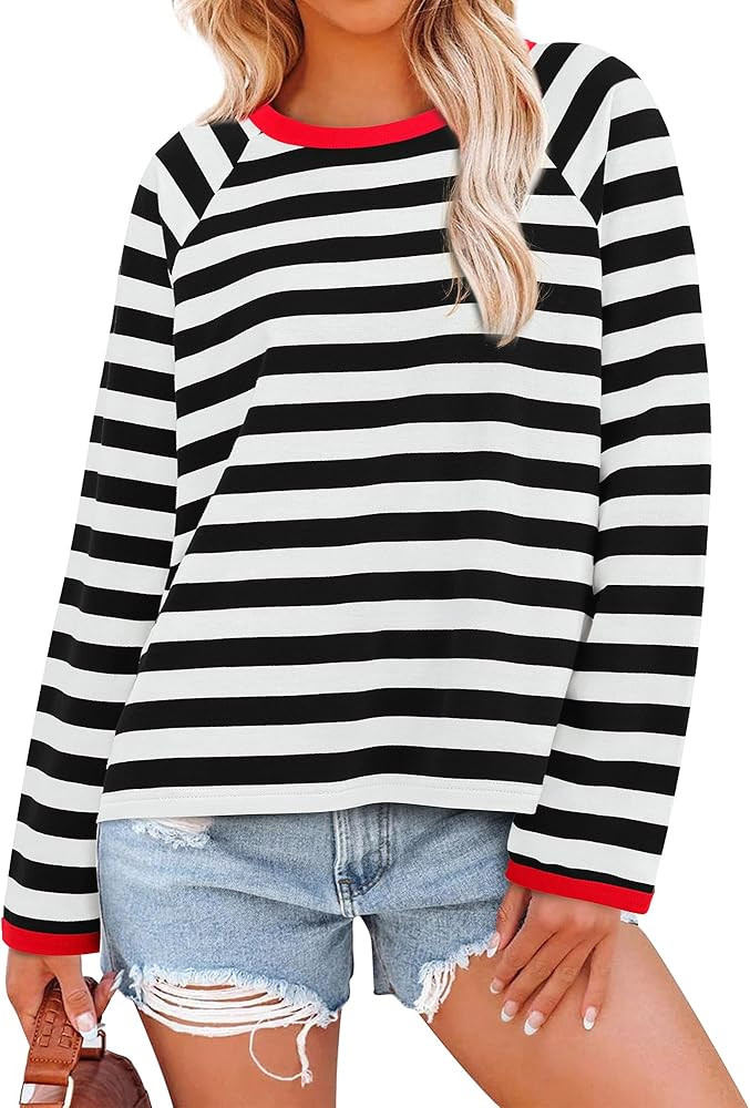 BTFBM Long Sleeve Shirts for Women Casual Tops Crew Neck Loose Color Block Striped Shirt Top Pull... | Amazon (US)