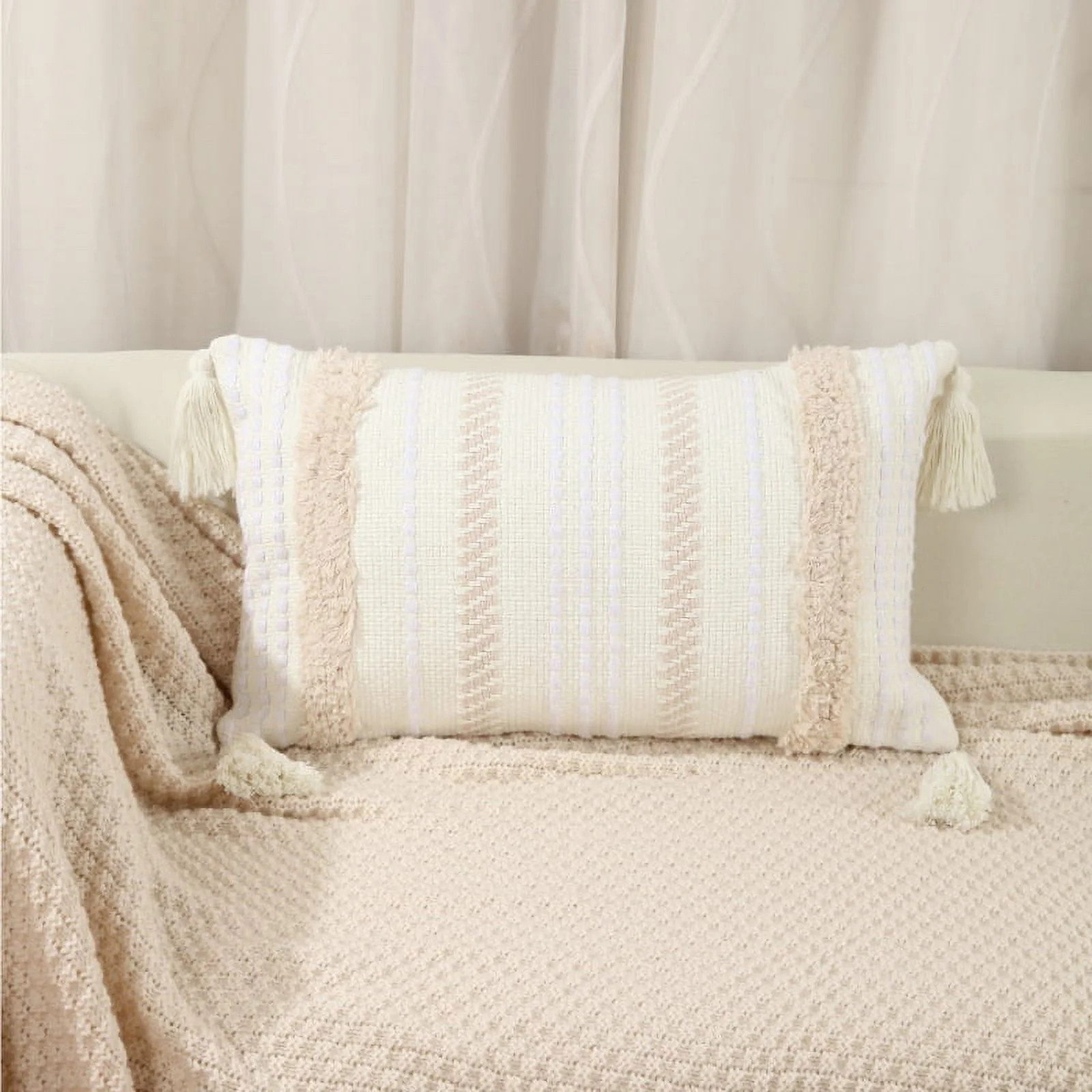 Boho Woven Tufted with Tassel Series Decorative Throw Pillow, 12" x 20", Cream White Stripe, 1 Pa... | Walmart (US)