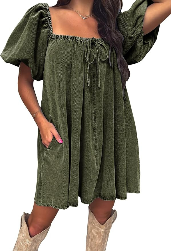 EXLURA Dresses Short Puff Sleeve Loose Short Mini Dress | Amazon (US)