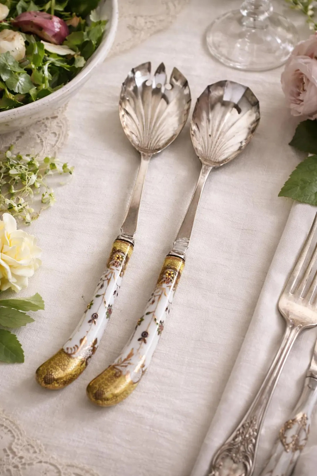 Antique English Sheffield EPNS Porcelain Handle Salad Servers Pair - Etsy | Etsy (US)