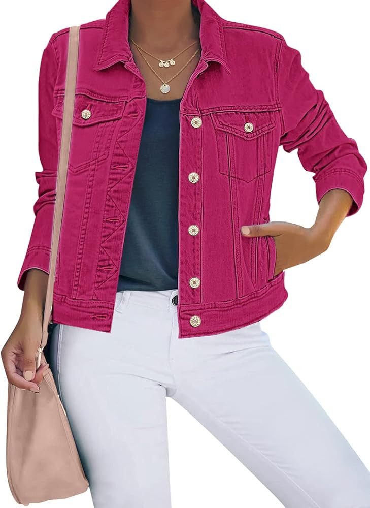 Luvamia Women's Classic Casual Long Sleeve Button Down Trucker Jacket Coat - Viva Magenta/Raspber... | Amazon (US)