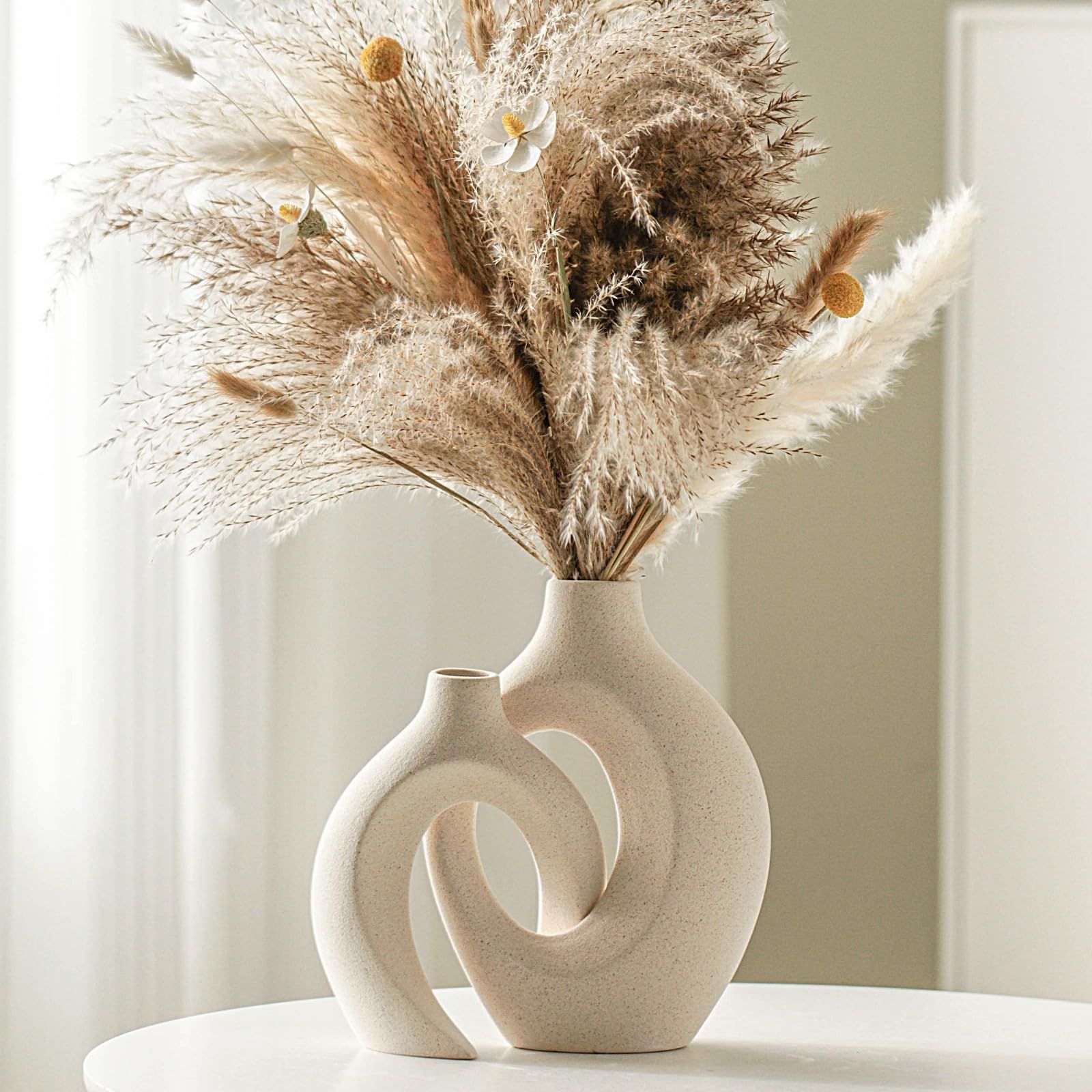 Off White Hollow Ceramic Vase Set of 2, Round Modern Vase for Nordic Minimalist Book Style Shelf ... | Amazon (US)