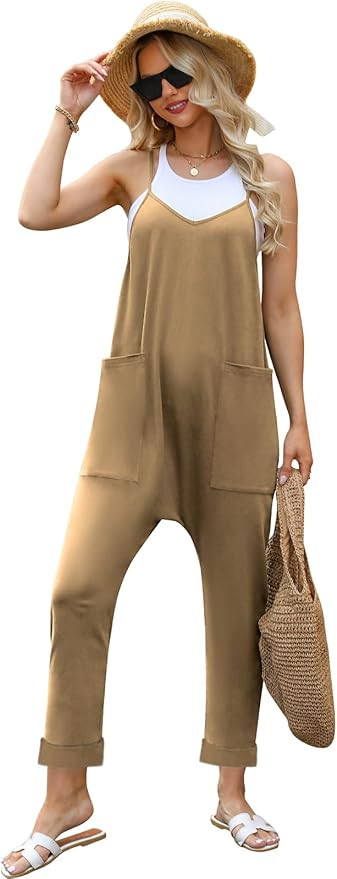 Womens Jumpsuits Casual Summer V Neck Sleeveless Loose Harem Rompers Overalls Stretchy Jumpers Wi... | Amazon (US)
