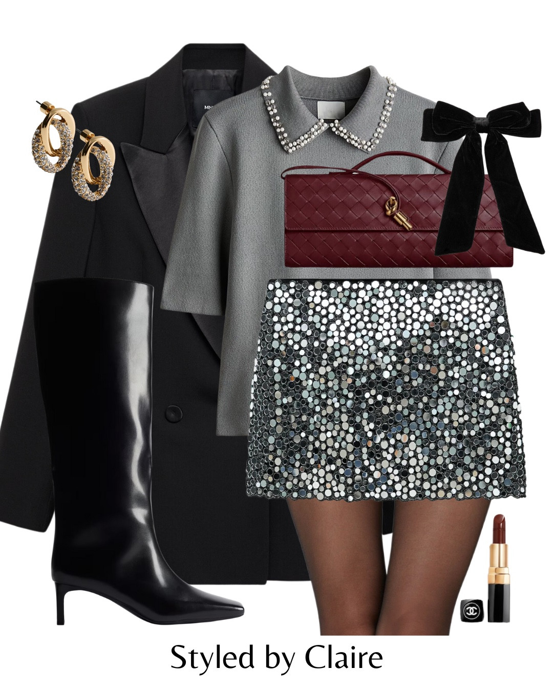 A dreamy skirt🪩
Tags: collar knit embellished top mirror mini skirt h&m mango knee high black boots blazer satin hair bow bottega andiamo burgundy clutch sequin sparkly festive outfit fashion Christmas party inspo ideas chic women style

#LTKpartywear #LTKshoes #LTKstyletip