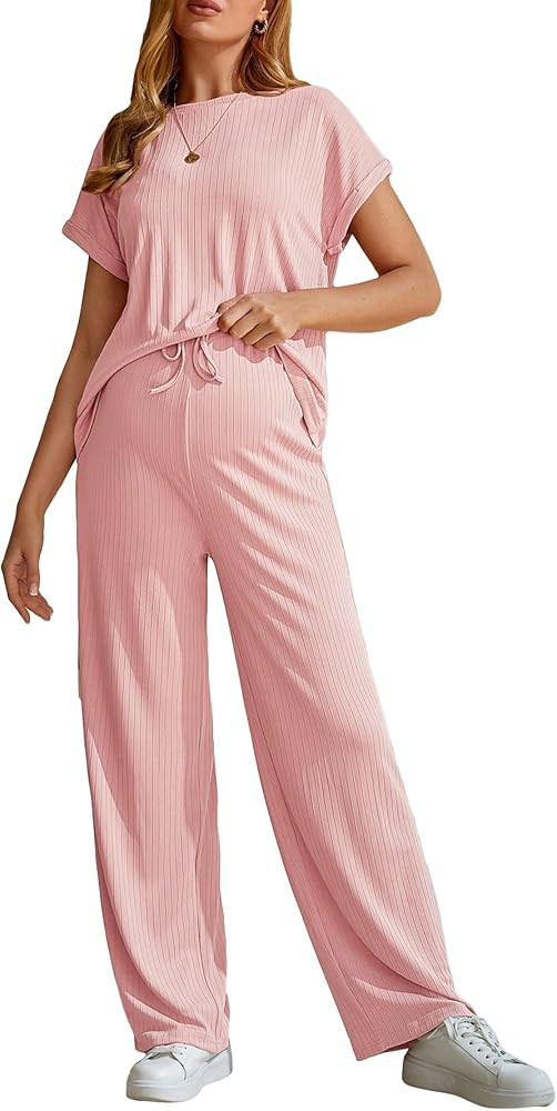 OYOANGLE Women's Maternity 2 Pieces Pajamas Short Sleeve T-Shirt Top and Pants Outfits Tracksuit ... | Amazon (US)