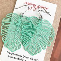 Mint Green Monstera Earrings, Large Metal Leaf Dangle Colourful Boho Nature Style | Etsy (US)