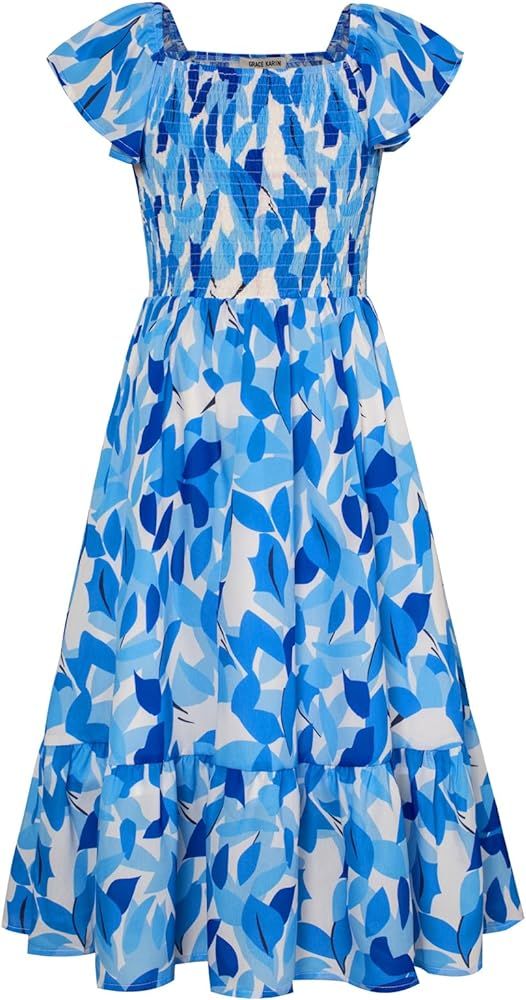 GRACE KARIN Girls Floral Dress Flutter Sleeve Square Neck Tiered Midi Dress Smocked Flared A-line... | Amazon (US)