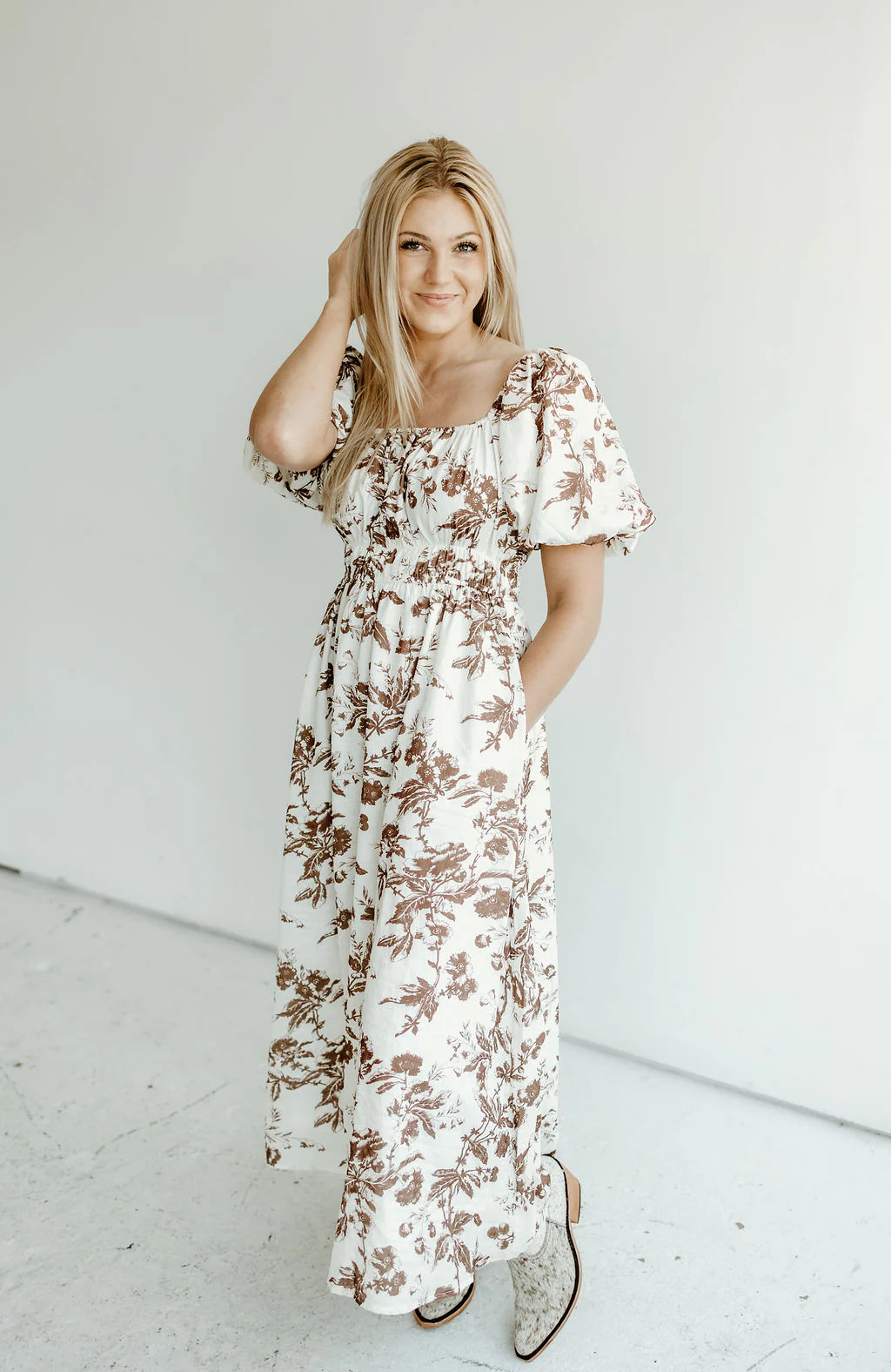 Floral Mocha Textured Midi Length Dress | Dani Morgan's Boutique