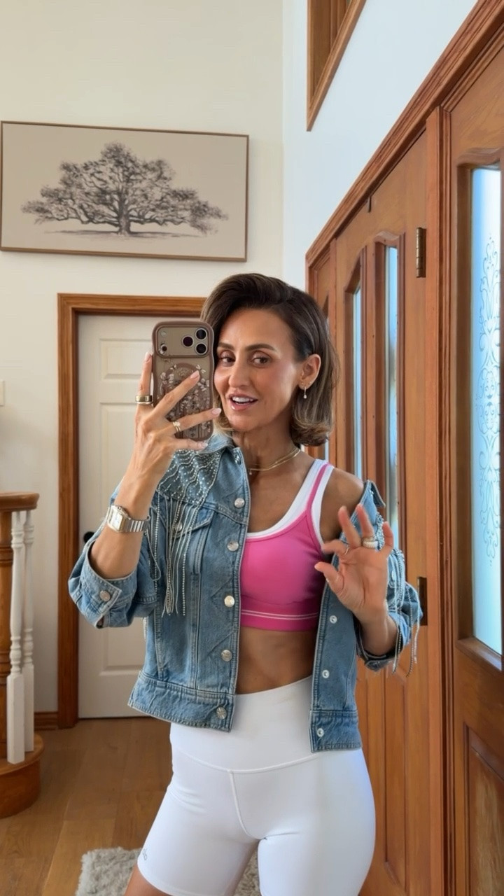 Heading off to Pilates and then the office for regular operations! Wearing my new white Alo shorts, these are the only white shorts I can wear confidently they hide and hold everything in. Also wearing my new bejeweled denim jacket just in time for all the western weather vibes

#LTKootd #LTKActive #LTKdayinmylife