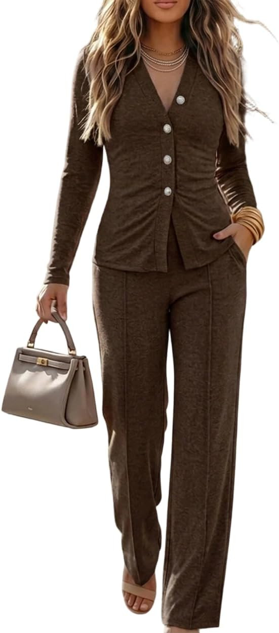 Women's 2 Piece Knit Lounge Set Cardigan Wide Leg Pants | Amazon (US)
