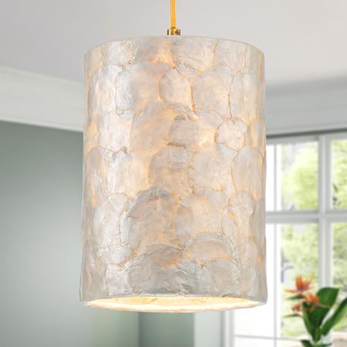 LumFurn D7inch 1-Light Capiz Shell Chandelier, Coastal Design Pendant Light Fixture for Dining Room, Living Room, Kitchen Island, D7 x H18~66"(Adjustable Height), Shell Lampshade & Gold Finish Frame | Amazon (US)