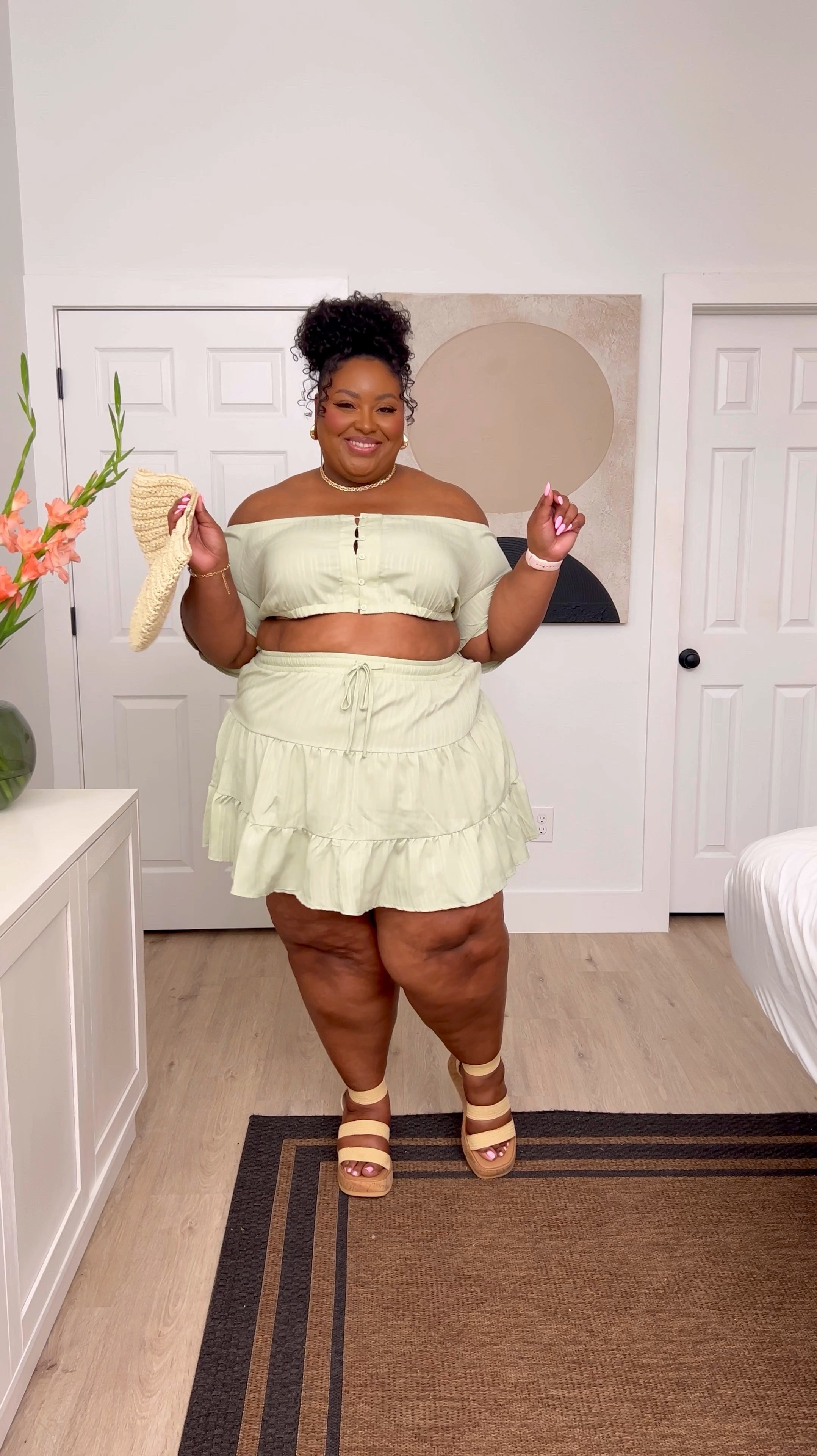 Get ready with me!💕 This Sage skirt set is so cute and lightweight. It has no stretch, but plenty of arm space and the skirt or roomy too.

These wedges are truly a statement shoe! Perfect for casual dates, brunch, vacation and beyond.

I’m wearing a size 11.5 in the shoes and a 22 in the top, 24 in the skirt.

#LTKStyleTip

#LTKPlusSize #LTKMidsize