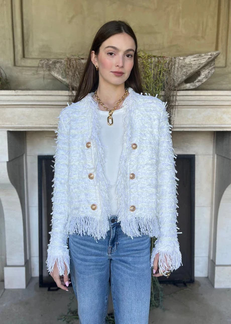 Khloe Open Front Fringe Jacket - White | Benaar La