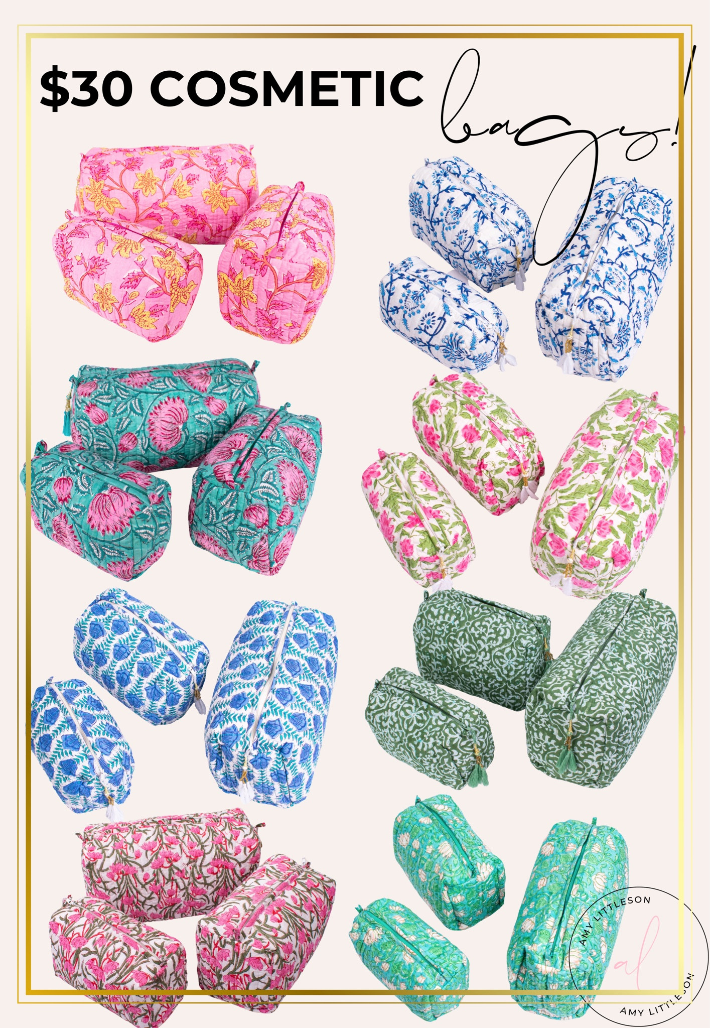 Block print cosmetic bags that are 3 for $30! Come in 3 varying sizes & are completely lined 🙌🏻 

#LTKtravel #LTKunder50 #LTKGiftGuide