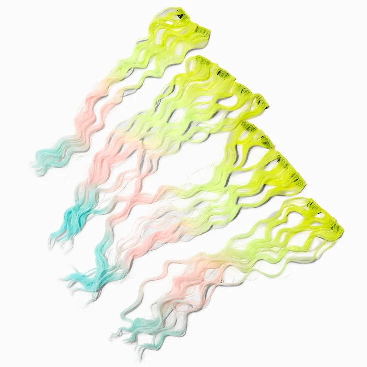 Pastel Rainbow Curly Faux Hair Clip In Extensions - 4 Pack | Claire's (UK)