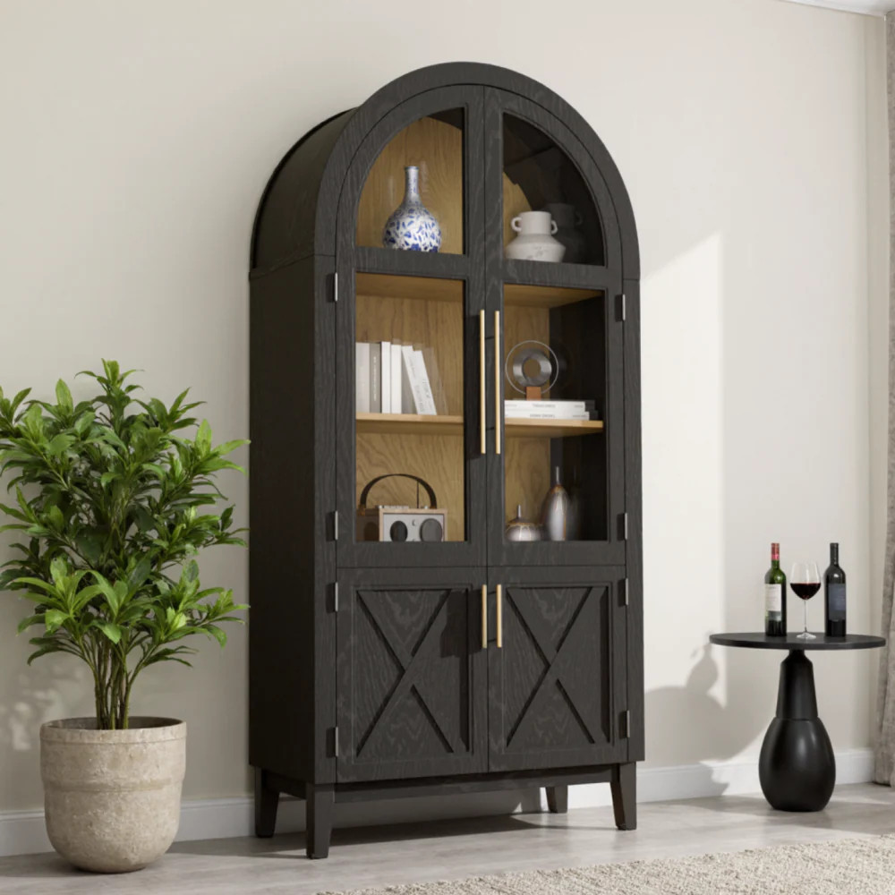 GlasFlength Arched Cabinet with Glass Doors 5 Tier Arched Bookcase with Adjustable Shelves Kitchen Storage Cabinet with Door Hutch Cabinet with | Lowe's