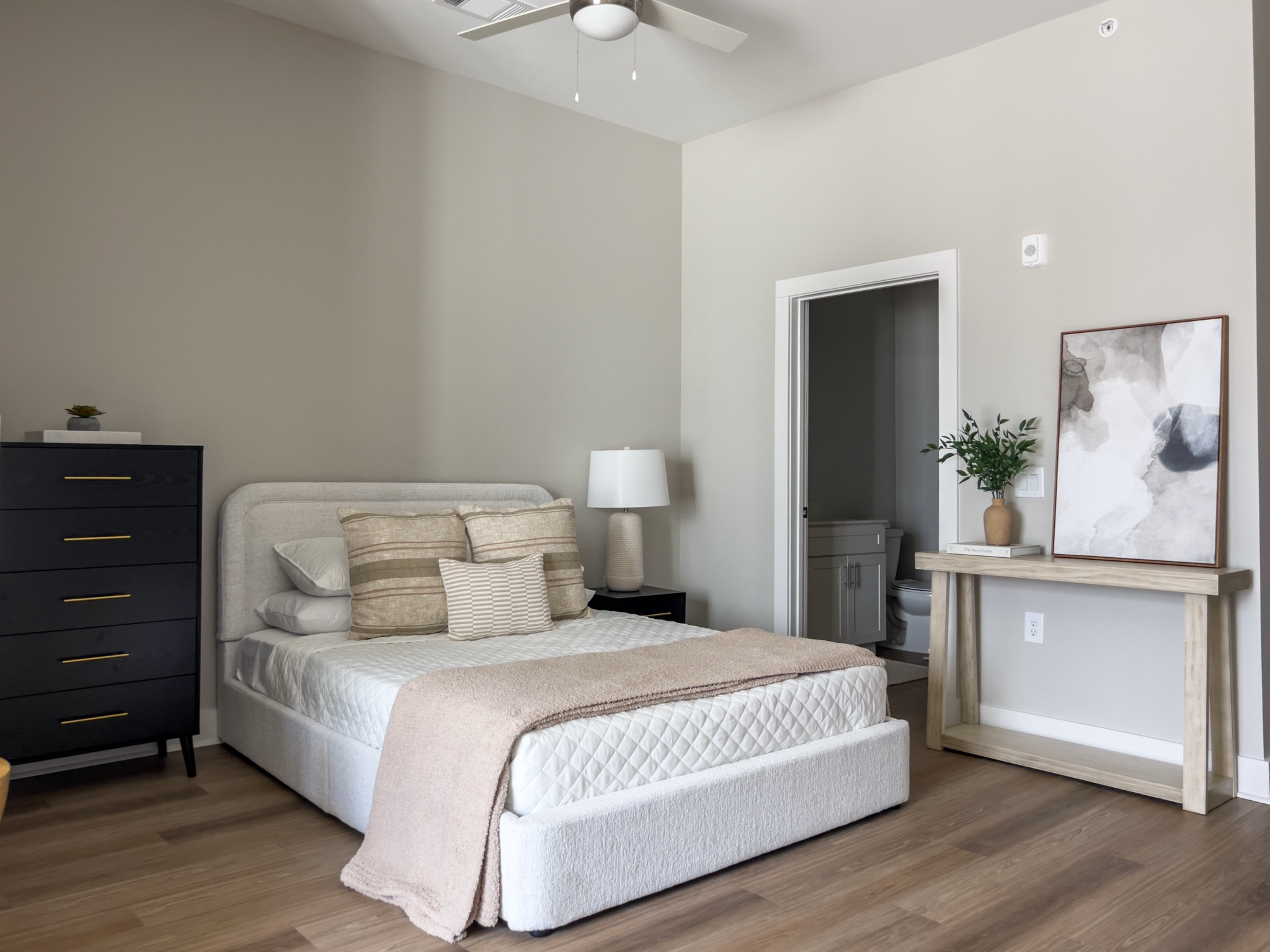 Bedroom decor, apartment bedroom decor, condo bedroom decor, cozy modern decor, boucle bed, entry table, black side table. Black dresser, neutral bedding 

#LTKhome #LTKfindsunder50 #LTKfindsunder100