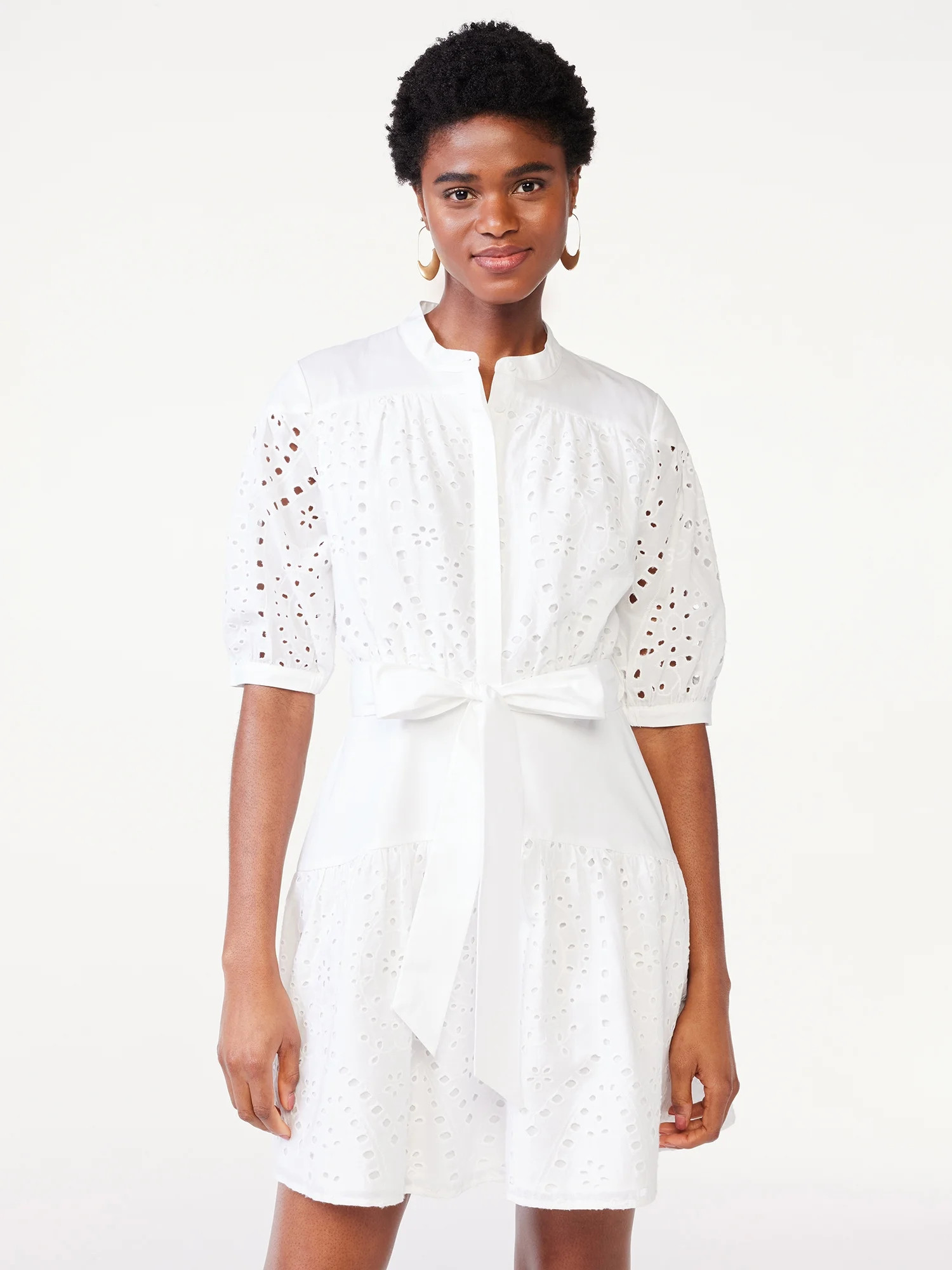 Scoop Women's Eyelet Short Shirt Dress with Volume Sleeves - Walmart.com | Walmart (US)