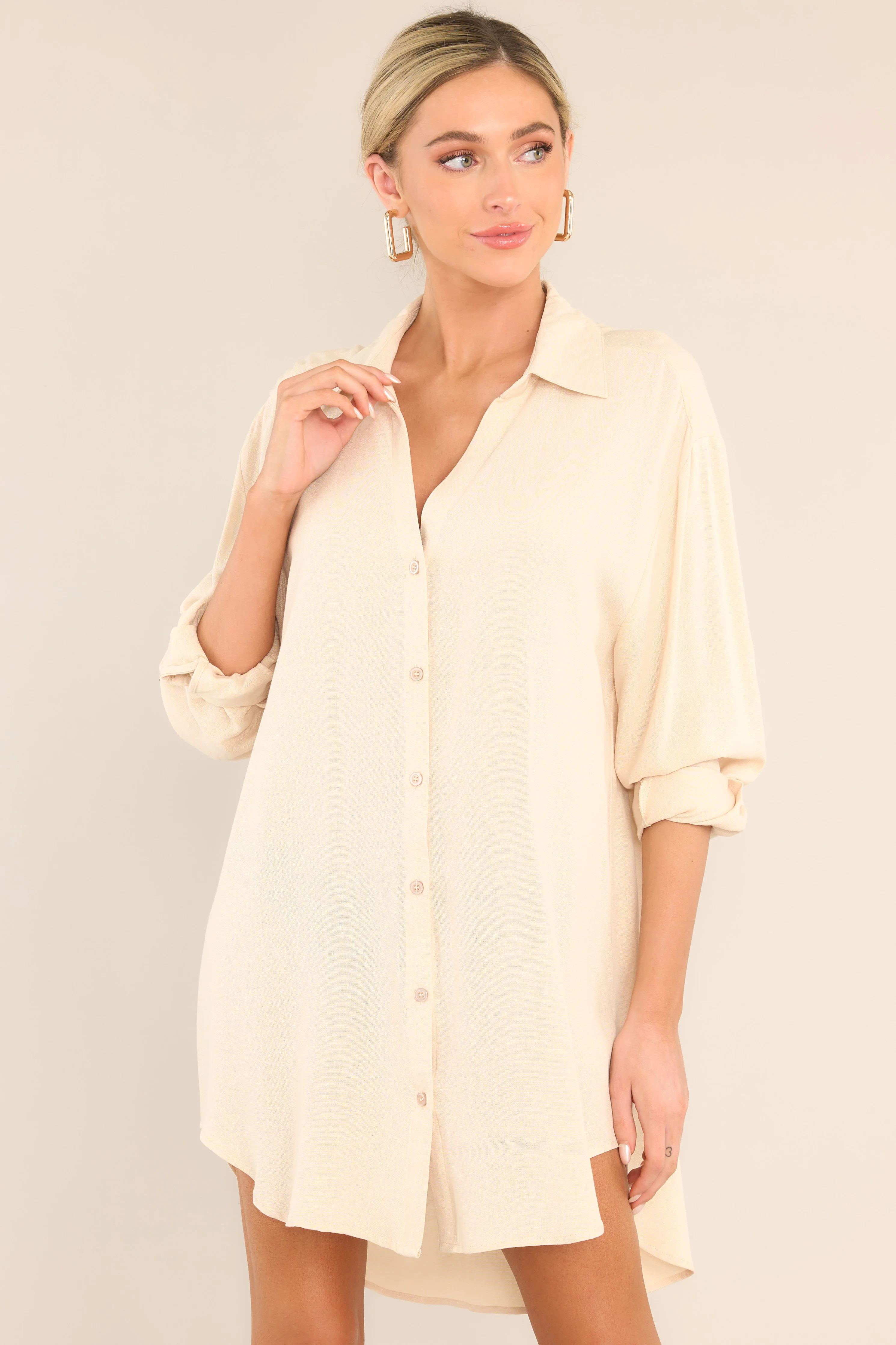 Chic Alternative Beige Button Front Shirt Dress | Red Dress