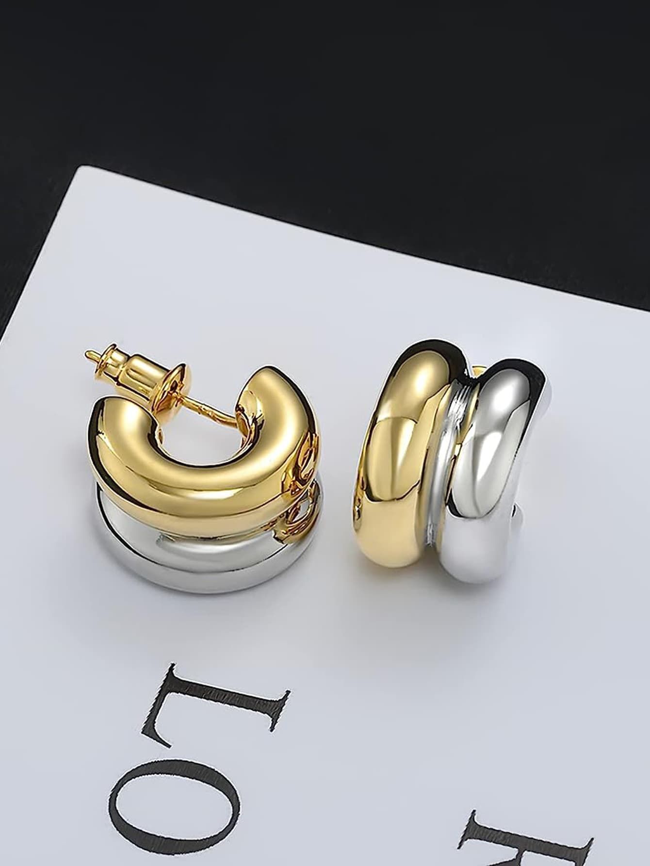 Women's Two-tone Plated 18k Gold Hoop Earrings, Low Sensitivity, Fashionable Two-tone C-shaped Cl... | SHEIN