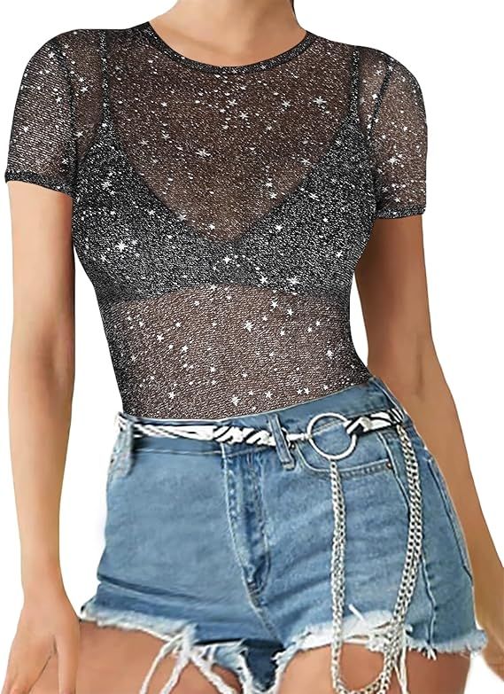 MANGOPOP Women's Long Sleeve Short Sleeve Glitter Sheer Mesh Tops T Shirt Blouse Clubwear | Amazon (US)