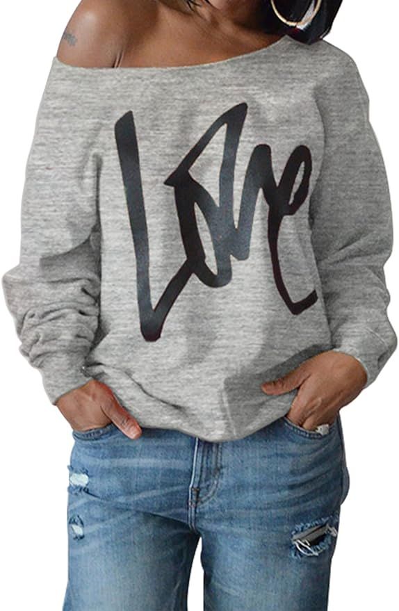 Yanekop Womens Love Letter Printed Off Shoulder Pullover Sweatshirt Slouchy Tops Shirts | Amazon (US)