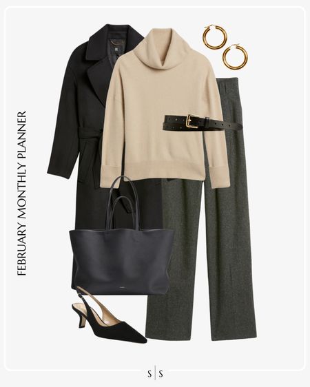Monthly outfit planner: FEBRUARY: Winter looks | trouser pants, turtleneck sweater, top coat, sling back heels, black tote 

See the entire calendar on thesarahstories.com ✨ 

#LTKworkwear #LTKstyletip