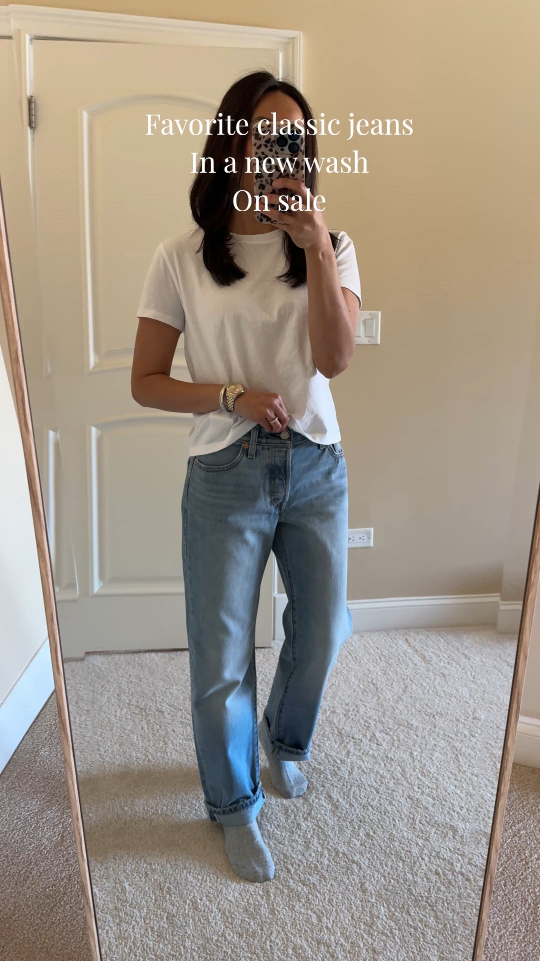 Spring outfit  Jeans currently on sale. A favorite classic straight leg style of jeans. Really good quality all cotton denim material. 
New wash is great. 
I size up for a loose fit and take the 30 in length at about 5’4. 
White t-shirt- also a favorite. I wear true to size and a size up. All cotton and great quality. 
Bangle bracelets are good everyday jewelry pieces. 


#LTKOver40 #LTKSaleAlert #LTKootd