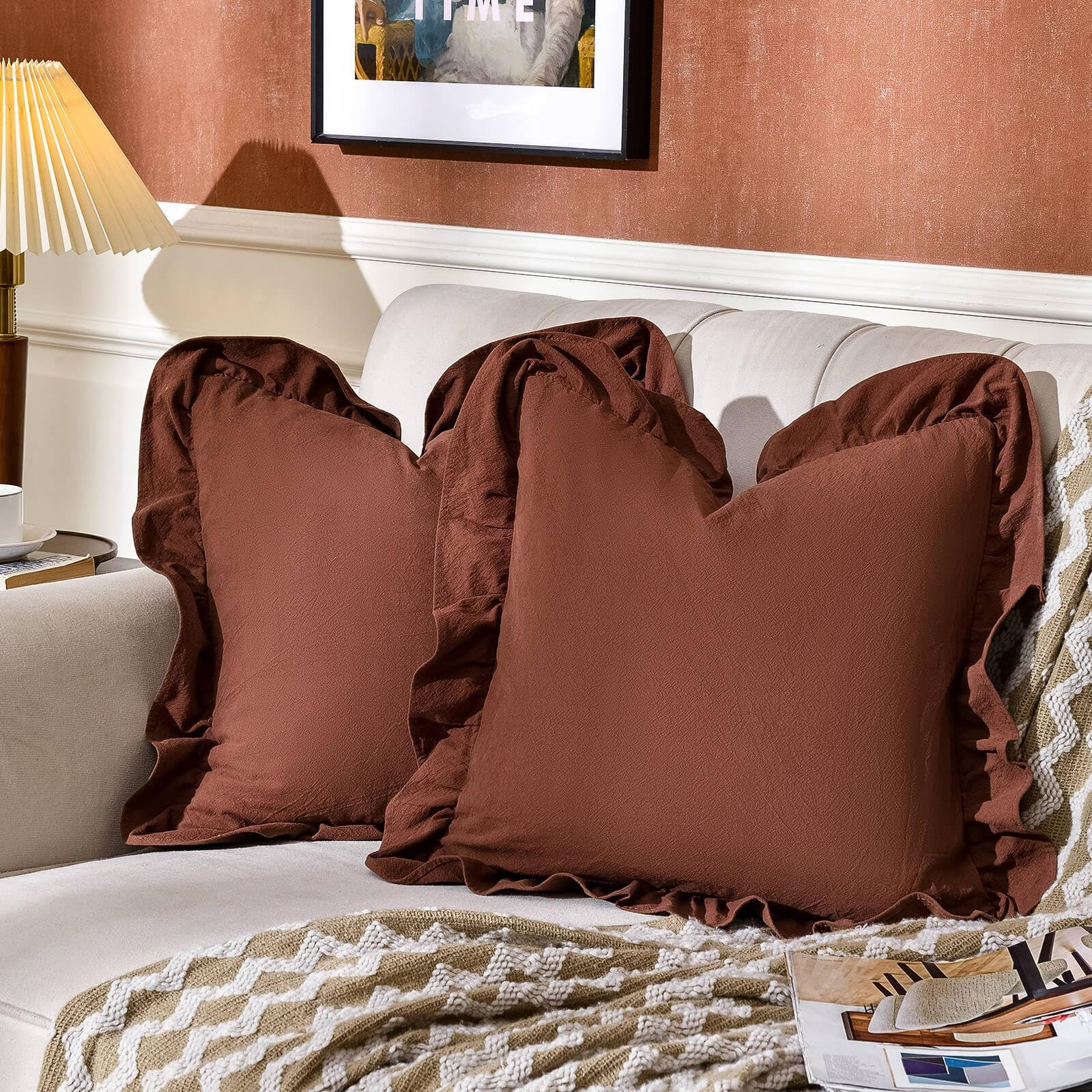 AmHoo Pack of 2 Throw Pillow Covers 100% Cotton Pre Washed Ruffle Decorative Pillowcase Cushion f... | Amazon (US)