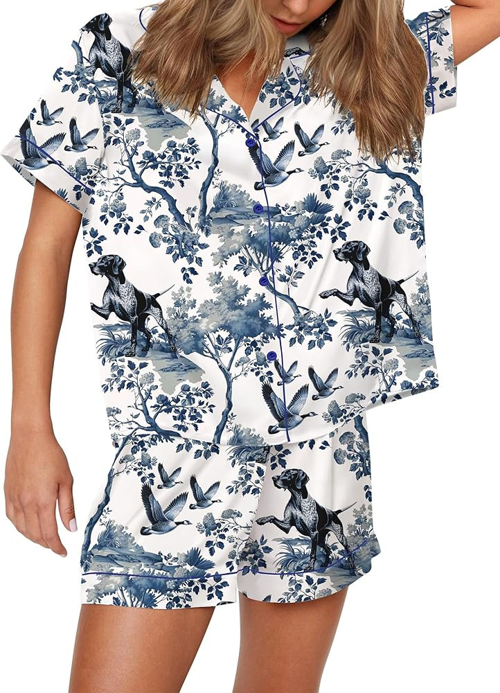 SHESHOW Satin Pajamas for Women Set Preppy Animals Pjs Short Sleeve Shorts 2 Piece Loungewear Set... | Amazon (US)