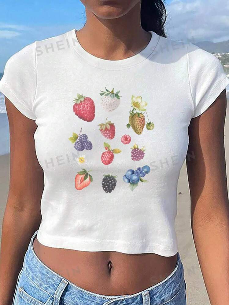 SHEIN EZwear Women's Summer White Short Crop Top With Fruit Print (Strawberries, Raspberries, Blu... | SHEIN