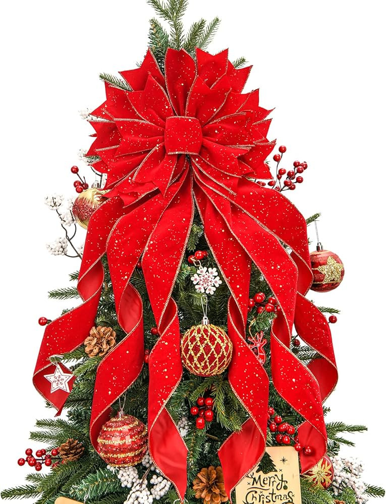 Christmas Tree Topper,33x13 Inches Red Toppers Bow with Gold Sequin for Christmas Decoration | Amazon (US)