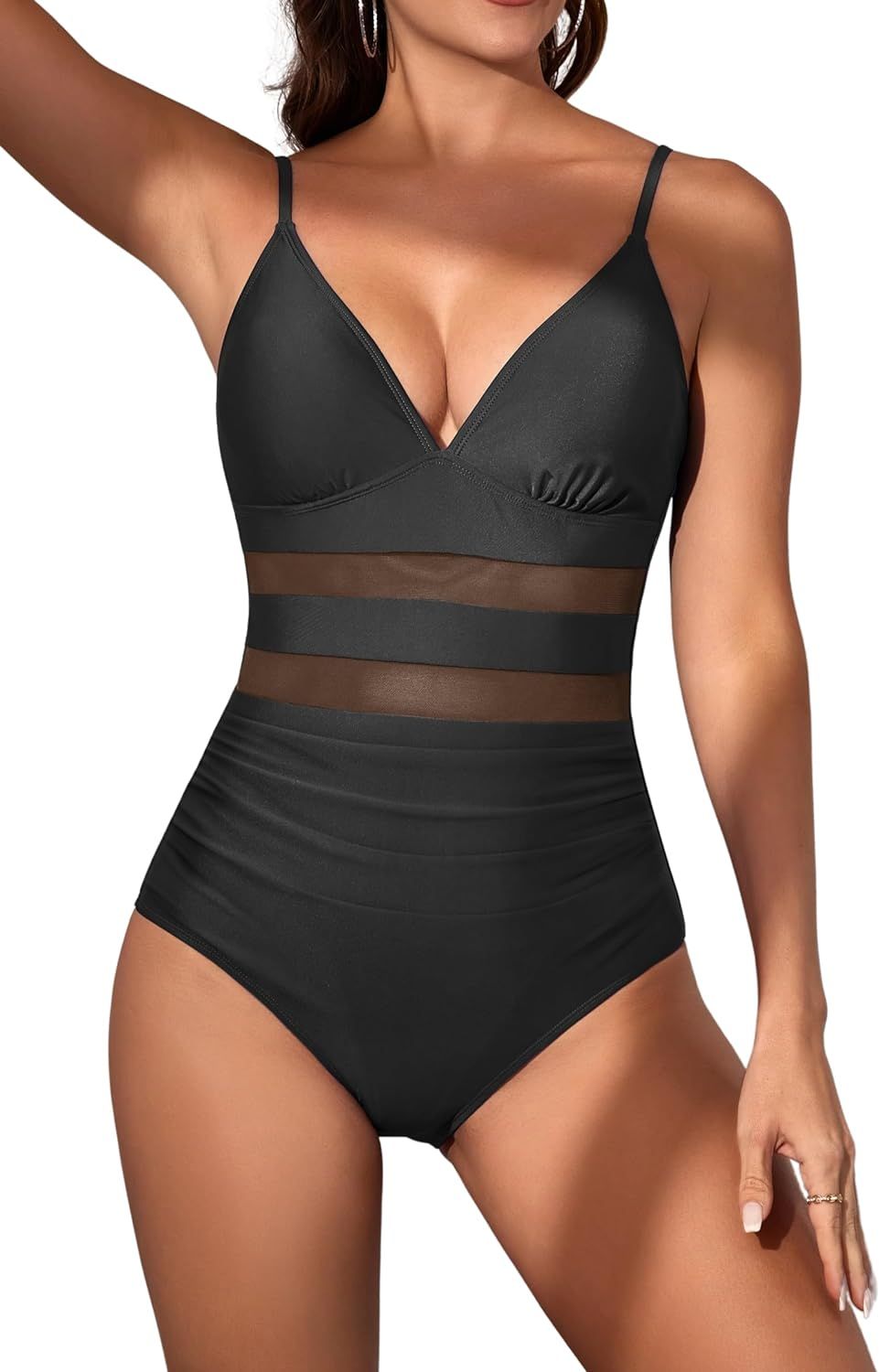 Eomenie Women's One Piece Swimsuit Tummy Control Sexy Mesh Bathing Suit V Neck Slimming High Wais... | Amazon (US)