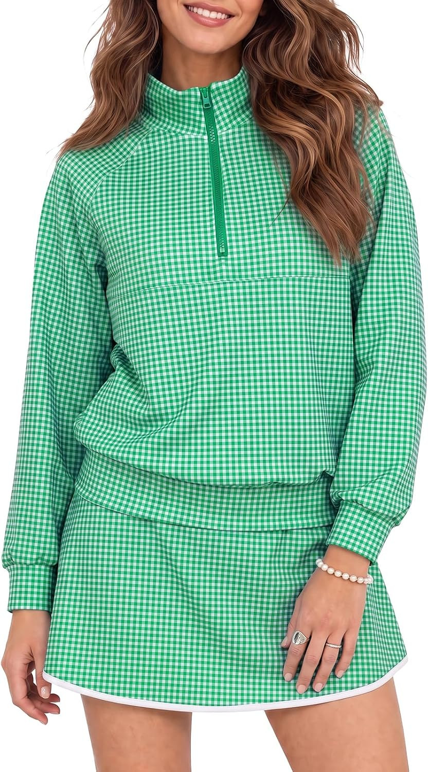 Fisoew Womens 2 Piece Outfits Gingham Half Zip Sweatshirts Mini Skorts Set | Amazon (US)