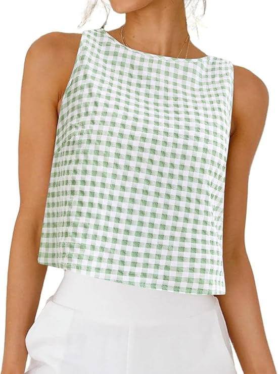 Womens Gingham Top Summer CropTank Tops Button Back Casual Sleeveless Shirts Blouses Resort Wear ... | Amazon (US)