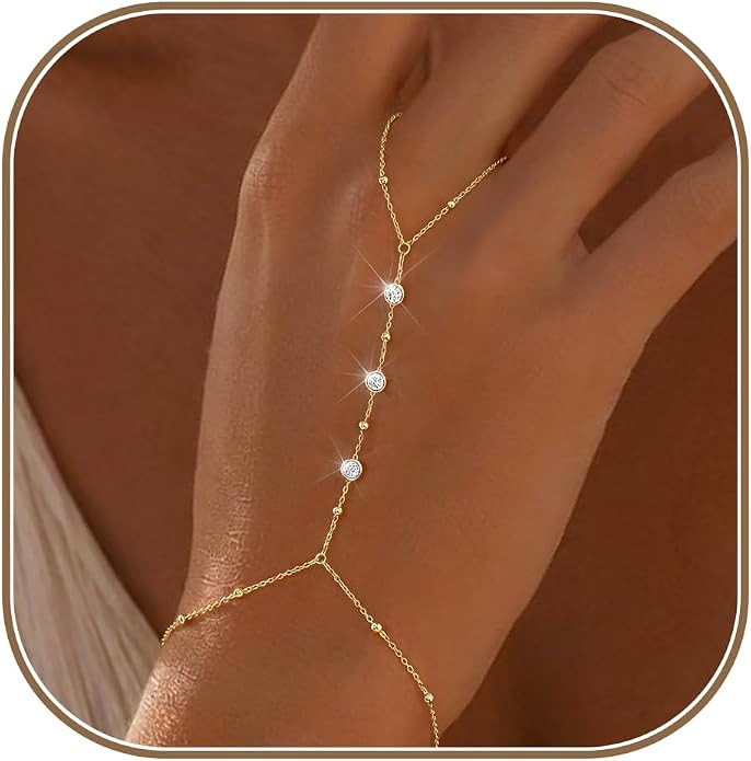 Waterproof 14K Gold Plated Hand Chain Bracelet for Women, Non Tarnish Hypoallergenic Beaded Finge... | Amazon (US)