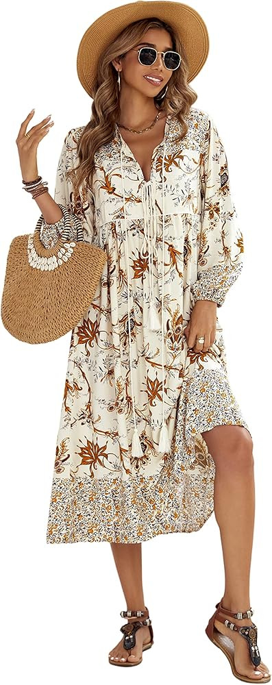R.Vivimos Women's Long Sleeve Floral Print Retro V Neck Tassel Bohemian Midi Dresses | Amazon (US)